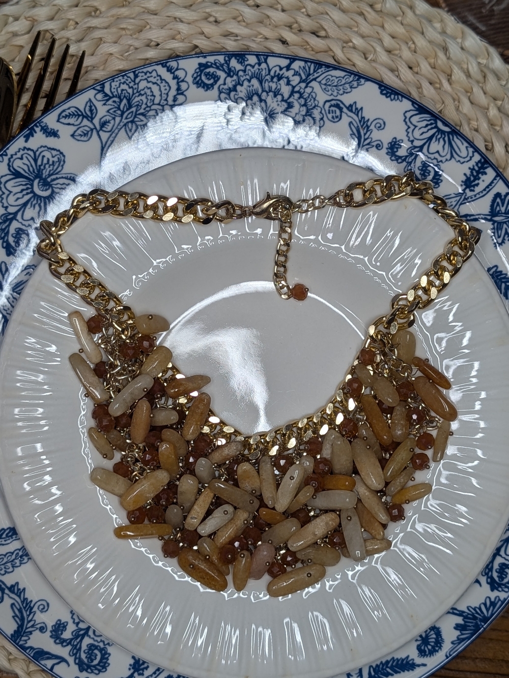Gold Chain Necklace with Amber and Cream Beads